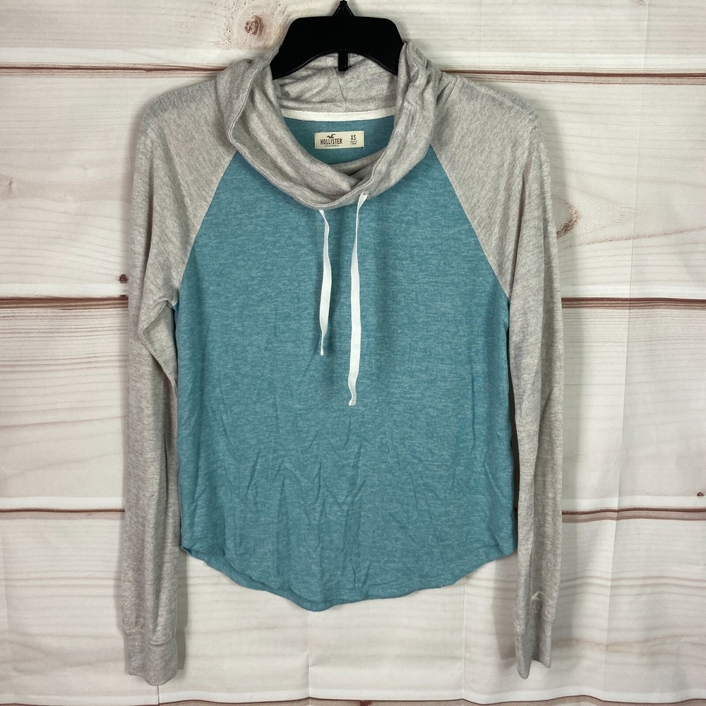 Hollister Top Womens XS Blue Turtleneck Drawstring Knit Long Sleeve Lightweight